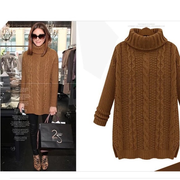 Sweaters - Brown cabled turtleneck sweater
